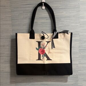 Black and Cream Tote Bag with Floral Accent